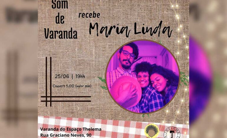arte de divulgação da Thelema, escrito Som de varanda ao lado da foto dos três integrantes da banda Maria Linda