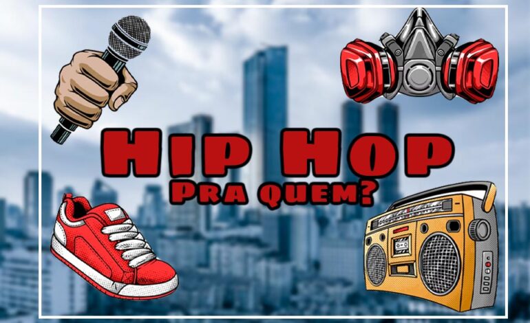 ilustração mostra desenhos que simbolizam os 4 elementos do Hip Hop: Um microfone, um tênis, uma máscara de gás e um rádio boombox